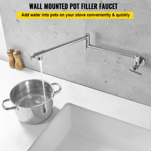Pot Filler Faucet, Solid Brass Commercial Wall Mount Kitchen Stove Faucet with Polished Chrome Finish, Folding Restaurant Sink Faucet with Double Joint Swing Arm & 2 Handles