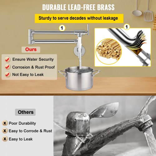 Pot Filler Faucet, Solid Brass Commercial Wall Mount Kitchen Stove Faucet with Polished Chrome Finish, Folding Restaurant Sink Faucet with Double Joint Swing Arm & 2 Handles