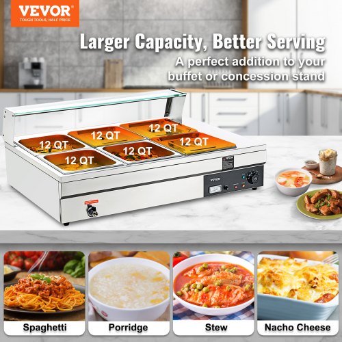 Commercial Electric Food Warmer Countertop Buffet 6*12Qt with Glass Shield