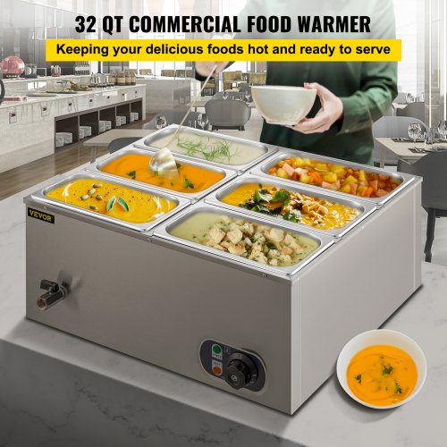 Countertop Food Warmer 6-Pan Commercial Food Warmer 850W Electric Countertop Steam Table 15cm/6inch Deep Stainless Steel Bain Marie Large Capacity 7 Quart for Buffet Catering