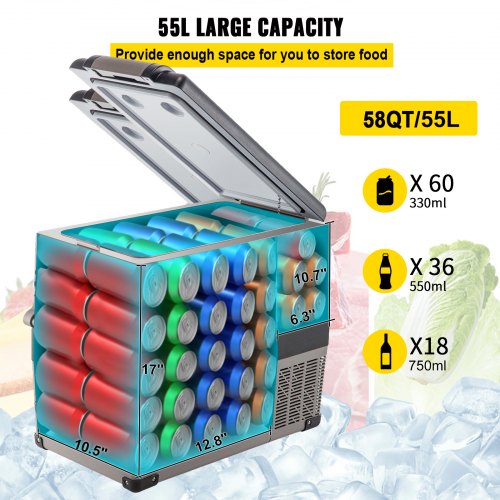 Car Refrigerator 55L Compressor Portable Small Refrigerator Car Refrigerator Freezer Vehicle Car Truck RV Boat Mini Electric Cooler for Driving Travel Fishing Outdoor and Home Use