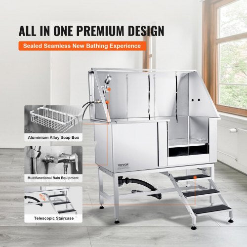 50" Pet Dog Bathing Station w/Stairs, Professional Stainless Steel Dog Grooming Tub w/ Soap Box, Faucet,Rich Accessory, Dog Bathtub for Large,Medium,Small Pets, Washing Sink for Home Right