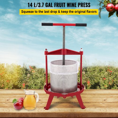 Fruit Wine Press, 3.7Gal/14L, Cast Iron Manual Grape Presser for Wine Making, Cider/Tincture/Vegetables/Honey/Olive Oil Press with Stainless Steel Hollow Basket T-Handle 0.1" Thick Plate 3 Feet