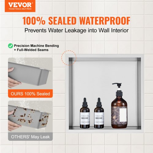 33.02 x 33.02 cm No Tile Shower Niche 304 Stainless Steel, Wall-Inserted Niche Recessed Double Shelves, Sealed Waterproof Rust-Resistant Modern Niche for Shower Bathroom Soap Storage, Silver