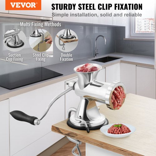 Manual Meat Grinder, 304 Stainless Steel Hand Meat Grinder with Suction Cup + Steel Table Clamp, Meat Mincer Sausage Maker & 2 Cutting Plates, Sausage Tube, Grinding Head for Beef Pepper Cookie