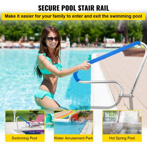 Pool Rail 48x36" Pool Railing 304 Stainless Steel 250LBS Load Capacity Silver Rustproof Pool Handrail Humanized Swimming Pool Handrail with Blue Grip Cover & M8 Drill Bit & Self-taping Screws