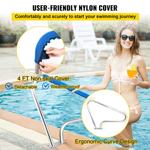 Pool Rail 48x36" Pool Railing 304 Stainless Steel 250LBS Load Capacity Silver Rustproof Pool Handrail Humanized Swimming Pool Handrail with Blue Grip Cover & M8 Drill Bit & Self-taping Screws