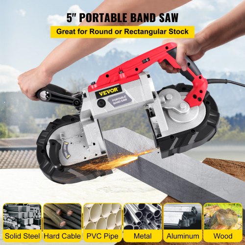 Portable Band Saw, 5Inch Cutting Capacity Cordless BandSaw, Variable Speed Hand held Band Saw,10Amp Motor Portable Bandsaw, Deep Cut Bandsaw for Metal Wood Tubing Pipes Rebar and Plastic