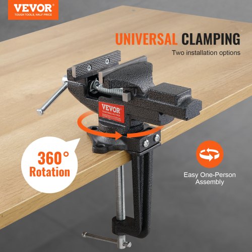 Bench Vise, 2.2 inch Dual-Purpose Table Vise for Workbench, Clamp-on Vise with Multifunctional Jaw and 360° Swivel Base, for Woodworking, Workshop DIY Uses