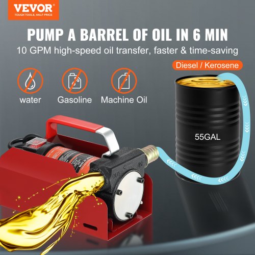 Fuel Transfer Pump, 12V DC 10 GPM 26.2 ft Lift, Portable Electric Diesel Transfer Extractor Pump Kit with Automatic Shut-off Nozzle, Delivery & Suction Hose for Diesel, Kerosene, Transformer Oil