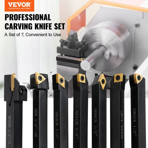 Indexable Carbide Lathe Tools 1/2" Metal Lathe Cutting Tools 7 Pcs/Set  lathe tools Super-Hard 40CR Lathe Bits for Lathe Black Compact and Portable