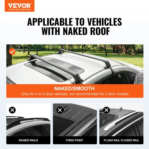 Universal Roof Rack Cross Bars, Aluminum Roof Rack Crossbars, Fit Roof without Side Rail, 155 lbs Load Capacity, Adjustable Bare Roof Crossbars with Locks, for SUVs, Sedans, and Vans