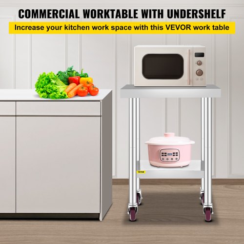 Stainless Steel Catering Work Table 24x18 Inch Commercial Kitchen Table with 4 Wheels Commercial Food Prep Workbench with Flexible Adjustment Shelf for Kitchen Prep Table