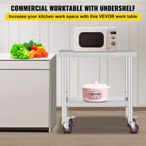 Stainless Steel Catering Work Table 30x12 Inch Commercial Kitchen Table with 4 Wheels Commercial Food Prep Workbench with Flexible Adjustment Shelf for Kitchen Prep Table