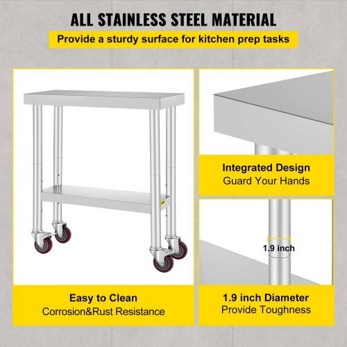 Stainless Steel Catering Work Table 30x12 Inch Commercial Kitchen Table with 4 Wheels Commercial Food Prep Workbench with Flexible Adjustment Shelf for Kitchen Prep Table