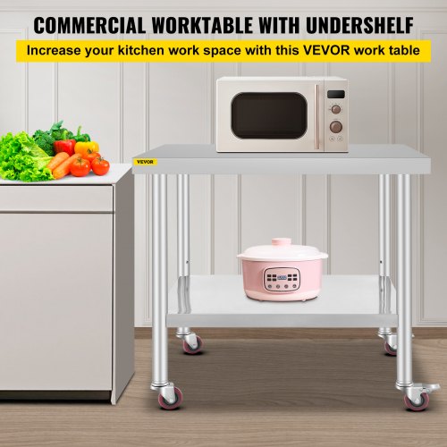 Stainless Steel Catering Work Table 30x36 Inch Commercial Kitchen Table with 4 Wheels Commercial Food Prep Workbench With Flexible Adjustment Shelf for Kitchen Prep Table