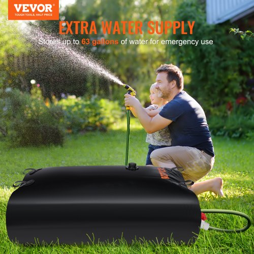 Water Tank Bladder, 63 Gallon Large Capacity, PVC Collapsible Water Bladder Including Spigots and Overflow Kit, Portable Water Storage Bladder for Garden Water Catcher, Black