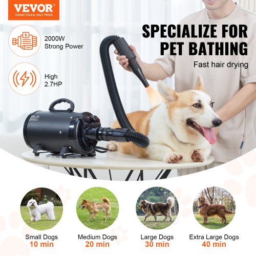 Dog Dryer, 2000W/2.7HP Dog Blow Dryer, Pet Grooming Dryer with Adjustable Speed and Temperature Control, Pet Hair Dryer with 4 Nozzles and Extendable Hose, Black