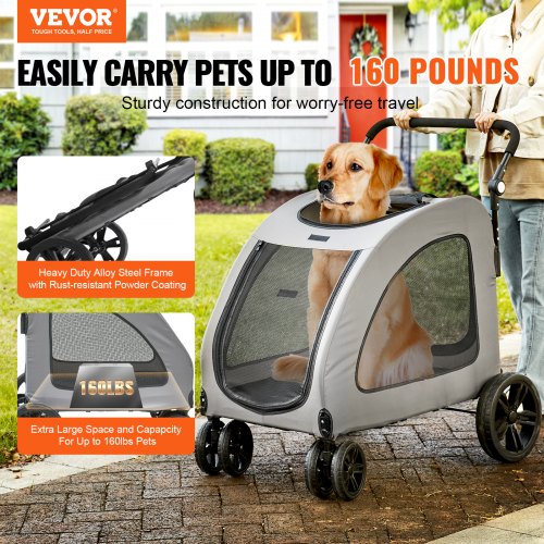 Pet Stroller, 4 Wheels Dog Stroller Rotate with Brakes, 160lbs Weight Capacity, Puppy Stroller with Breathable Mesh Windows and Height-Adjustable Height, for Medium and Large Dogs, Dark Grey