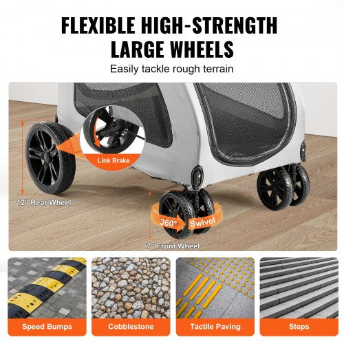 Pet Stroller, 4 Wheels Dog Stroller Rotate with Brakes, 160lbs Weight Capacity, Puppy Stroller with Breathable Mesh Windows and Height-Adjustable Height, for Medium and Large Dogs, Dark Grey