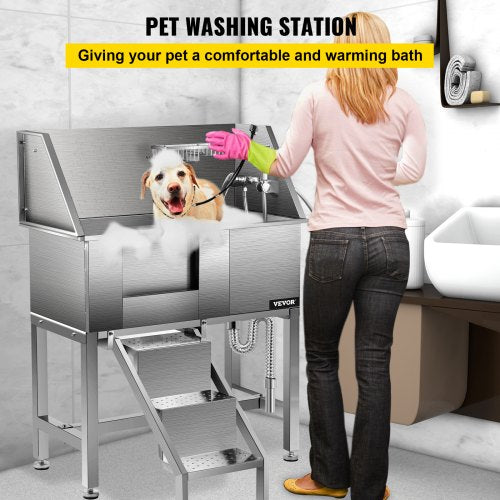 Pet Grooming Tub, Stainless Steel Dog Wash Station 200LBS Load Pet Washing Station 34" Dog Washing Station Water-Resistant Grooming Tub for Dogs with Removable Door & Ladder on the Left
