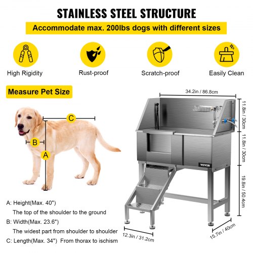 Pet Grooming Tub, Stainless Steel Dog Wash Station 200LBS Load Pet Washing Station 34" Dog Washing Station Water-Resistant Grooming Tub for Dogs with Removable Door & Ladder on the Left