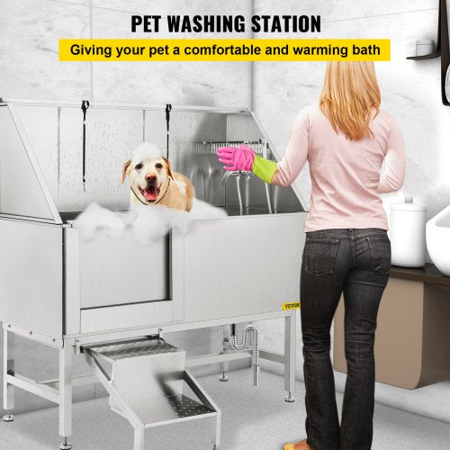 Professional Dog Grooming Tub, 62 inch Stainless Steel Pet Bathing Tub, 661 Lbs Load Large Dog Wash Tub with Faucet Walk-in Ramp Accessories, Dog Washing Station Pet Bath Tub Left Sliding Door