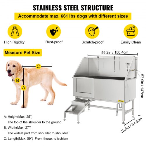 Professional Dog Grooming Tub, 62 inch Stainless Steel Pet Bathing Tub, 661 Lbs Load Large Dog Wash Tub with Faucet Walk-in Ramp Accessories, Dog Washing Station Pet Bath Tub Left Sliding Door