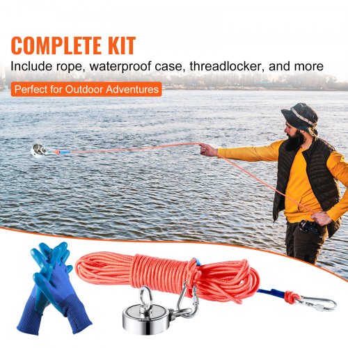 Magnet Fishing Kit, 1200lbs Pulling Force Double Sided Fishing Magnets, 2.95inch Diameter Magnet with Rope, Grappling Hook, Gloves, Waterproof Case, Threadlocker, Eye Bolt, for Fishing