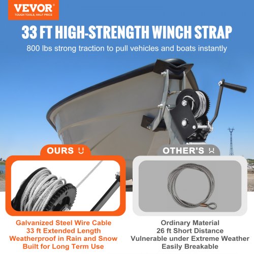Hand Winch, 800 lbs Pulling Capacity, Boat Trailer Winch Heavy Duty Rope Crank with 33 ft Steel Wire Cable and Two-Way Ratchet, Manual Operated Hand Crank Winch for Trailer, Boat or ATV Towing
