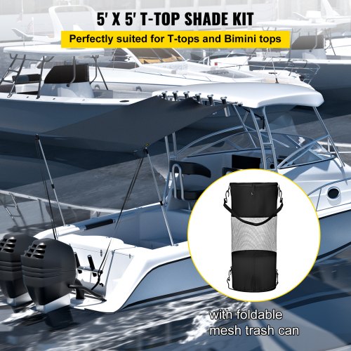 T-Top Shade Extension, 5' x 5', UV-proof 600D Polyester T-top Extension Kit with Rustproof Steel Telescopic Poles, Waterproof T-Top Shade Kit, Easy to Assemble for T-Tops ＆ Bimini Top