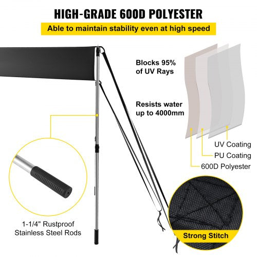 T-Top Shade Extension, 5' x 5', UV-proof 600D Polyester T-top Extension Kit with Rustproof Steel Telescopic Poles, Waterproof T-Top Shade Kit, Easy to Assemble for T-Tops ＆ Bimini Top