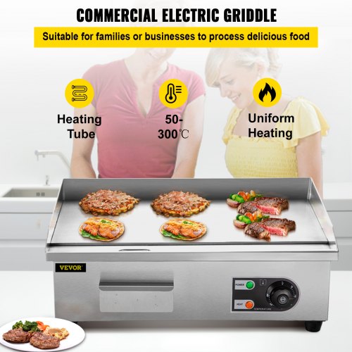 Commercial Electric Griddle, 18" Teppanyaki Grill, 2500W Electric Flat Top Grill, Stainless Steel Electric Countertop Griddle w/ Drip Hole, 50-300℃ Countertop Griddle for Pancake, Chicken