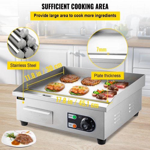 Commercial Electric Griddle, 18" Teppanyaki Grill, 2500W Electric Flat Top Grill, Stainless Steel Electric Countertop Griddle w/ Drip Hole, 50-300℃ Countertop Griddle for Pancake, Chicken