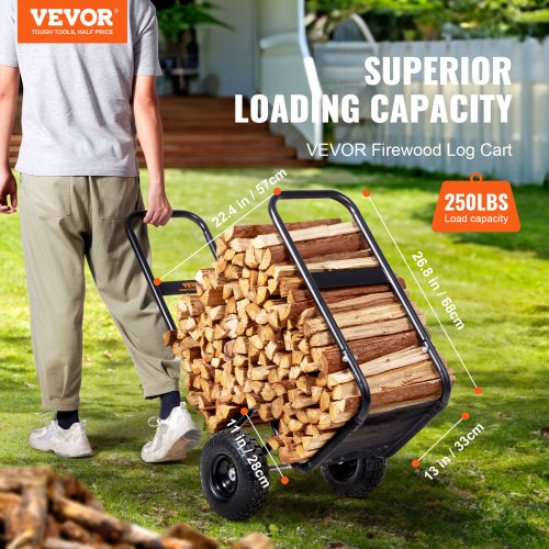 Firewood Log Cart, 250 lbs Load Capacity, Outdoor and Indoor Wood Rack Storage Mover with Pneumatic Rubber Wheels, Heavy Duty Steel Dolly Hauler, Firewood Carrier for Fireplace, Fire Pit, Black