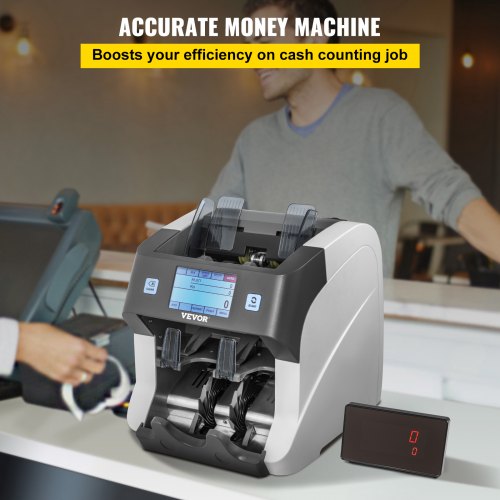 Money Counter Machine, 2-Pocket Mixed Denomination Bill Counter with UV, MG, MT, IR, DB and 2 CIS Counterfeit Detections, Cash Counting Machine w/ Reject Pocket & External Display for Bank