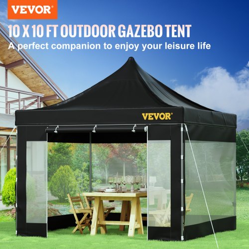 10 x 10 FT Pop Up Canopy Tent, Outdoor Patio Gazebo Tent with Removable Sidewalls and Wheeled Bag, UV Resistant Waterproof Instant Gazebo Shelter for Party, Garden, Backyard, Black