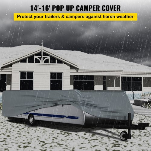 Pop Up Camper Cover, Fit for 14'-16' Trailers, Ripstop 4-Layer Non-woven Fabric Folding Trailer Covers, UV Resistant Waterproof RV Storage Cover w/ 3 Wind-proof Ropes and 1 Storage Bag, Gray