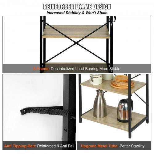 Kitchen Baker's Rack, 4-Tier Industrial Microwave Stand with Hutch & 6 S-Shaped Hooks, Multifunctional Coffee Station Organizer with Utility Storage Shelf for Kitchen, Living Room, Oak