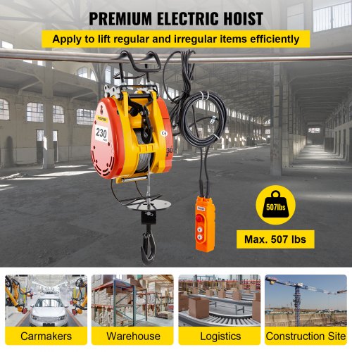 Electric Chain Hoist 230kg Capacity Electric Winch 507lbs with 98ft/30m Length Steel Wire Rope Remote Control Crane Overhead Electric Trolley with Pulley System 110 Volts 1 Phase