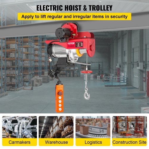 800Kg/1700Lbs Electric Trolley Hoist 1300W Electric Hoist Winch Double 12M/40Ft , Electric Hoist Electric Forklift Steel Pallet Holder Lever Garage Hoist