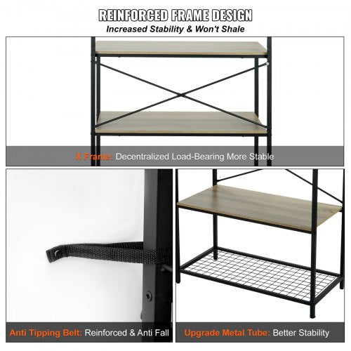 Kitchen Baker's Rack, 4-Tier Industrial Microwave Stand with Hutch & 10 S-Shaped Hooks, Multifunctional Coffee Station Organizer with Utility Storage Shelf for Kitchen, Living Room, Oak