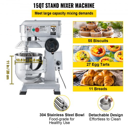 Commercial Stand Mixer, 15Qt Stainless Steel Bowl, 850W Heavy Duty Electric Food Mixer with 3 Speeds Adjustable 113/184/341 RPM, Dough Hook Whisk Beater Included, Perfect for Bakery Pizzeria