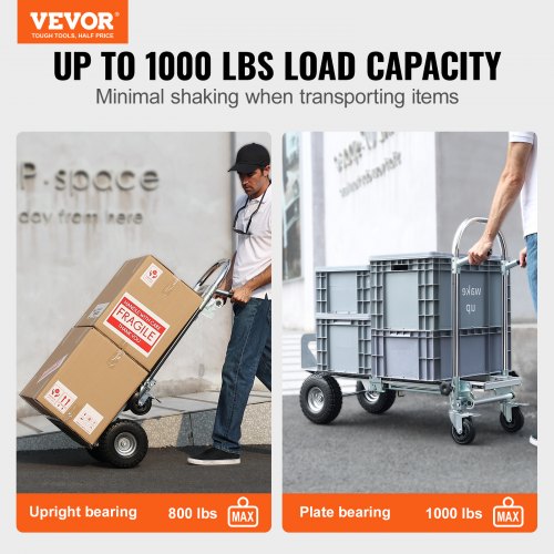 Aluminum Hand Truck, 2 in 1, 1000 lbs Load Capacity, Heavy Duty Industrial Convertible Folding Hand Truck and Dolly, Utility Cart Converts from Hand Truck to Platform Cart with Rubber Wheels