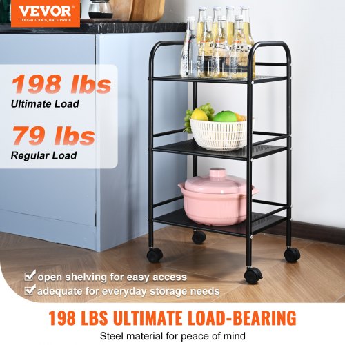 3-Tier Metal Rolling Cart, Heavy Duty Utility Cart with Lockable Wheels, Multi-Functional Storage Trolley with Handle for Office, Living Room, Kitchen, Movable Storage Organizer Shelves, Black