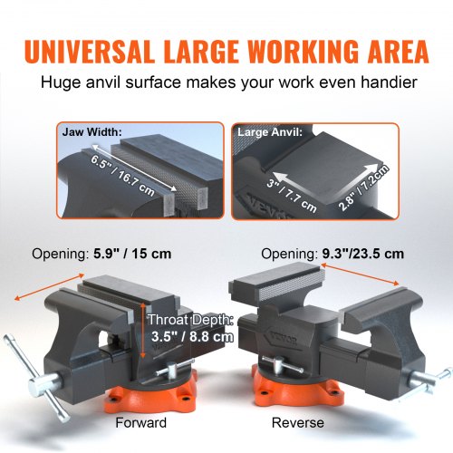 Bench Vise, 6.5" Jaw Width 6.5" Forward &9.3" Reverse Opening, 360-Degree Swivel Locking Base Multipurpose Workbench with Anvil, Heavy Duty Ductile Iron with Bolts & Nuts, for Drilling, Pipe Cut