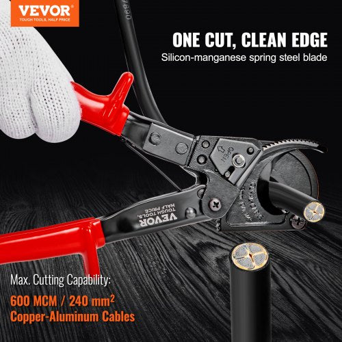 Ratcheting Cable Cutter, 10" Ratchet Wire and Cable Cutter, Cut up to 240 mm², with Comfortable Grip Handles, Easy to Use Quick-Release Lever, Silicon-Manganese Spring Steel Blade