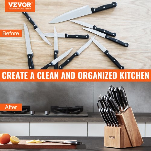 Knife Storage Block 15 Slots, Acacia Wood Universal Knife Holders Without Knives, Large Countertop Butcher Block Knife Organizer, Multifunctional Knife Rack Stand for Easy Kitchen Storage