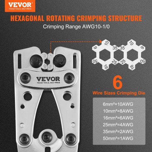 Battery Cable Lug Crimping Tool, 10-1/0AWG Aluminum Terminal Battery Lug Crimper, with 60PCS Aluminum Ring Connectors Terminals 6 Wire Sizes Crimping Die, for Heavy Duty Wire Lugs
