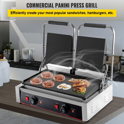 Commercial Panini Press Grill 220V Electric Sandwich Press Grill 3600W Sandwich Press Maker Toaster Double Heads Panini Grill Press Toaster Sandwich Commercial Machine for Kitchen
